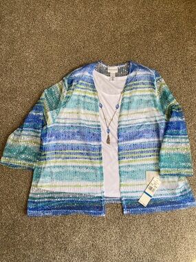 Alfred Dunner Striped Open-Front Cardigan - Blue Teal White